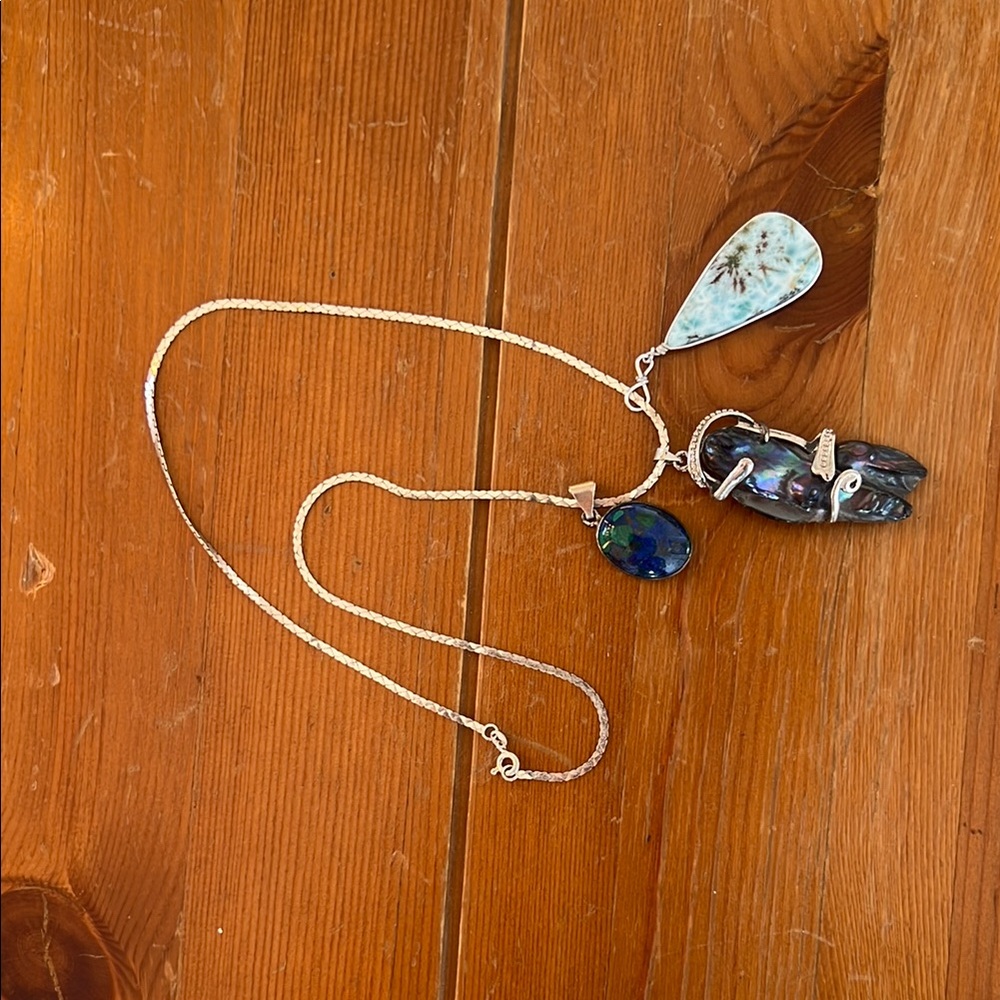 Silver Pendant Necklace with Blue and Black Stones